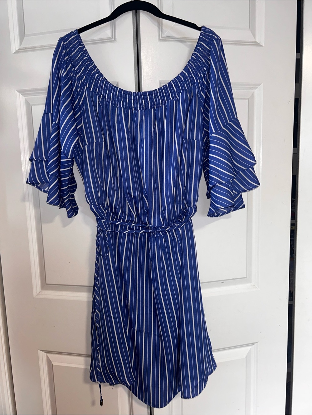 City Chic Blue & White Striped Off-Shoulder Tie-Waist Dress
